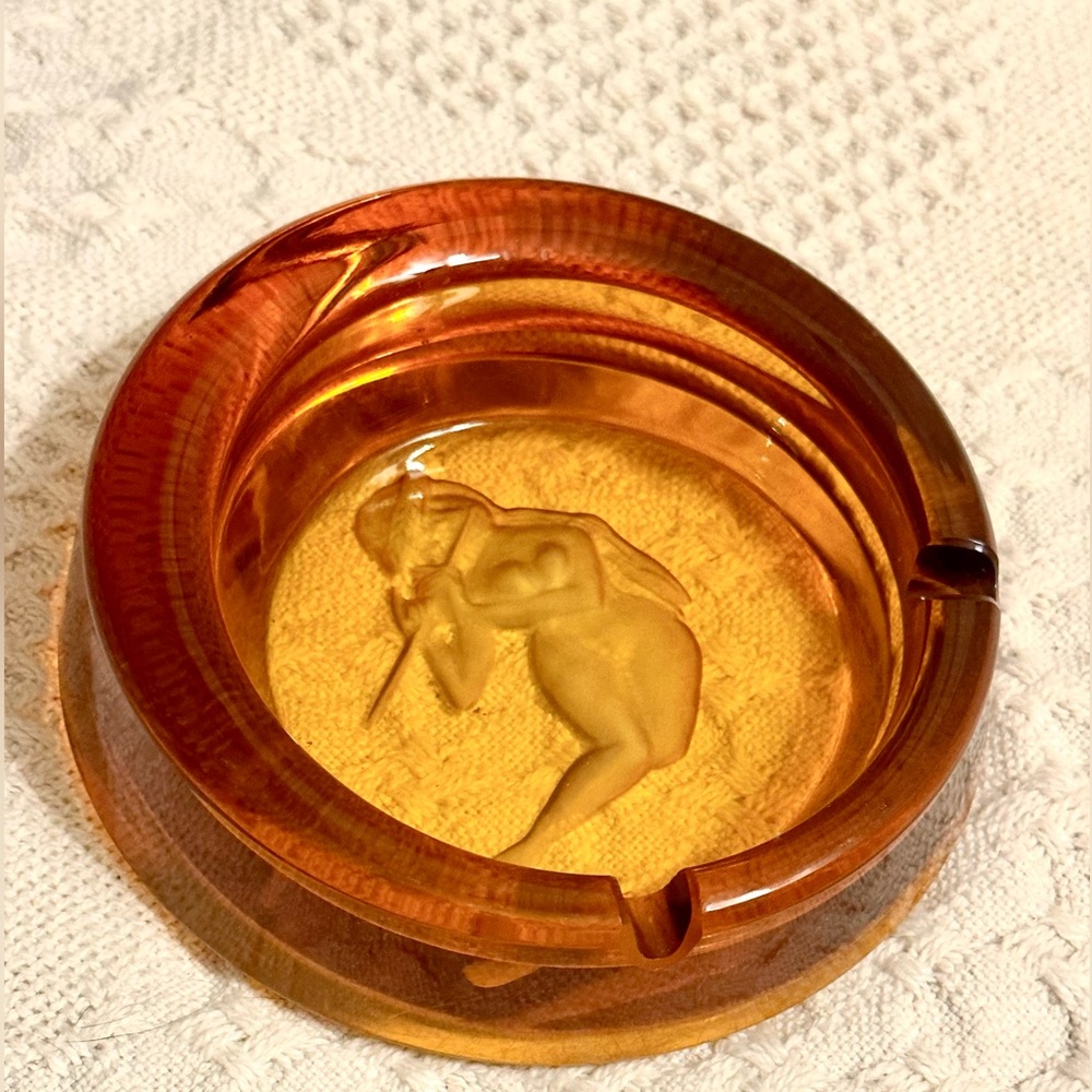 Gorgeous Vtg Amber Thick Glass Ashtray Carved Lady Playing Flute 2Rests Rare